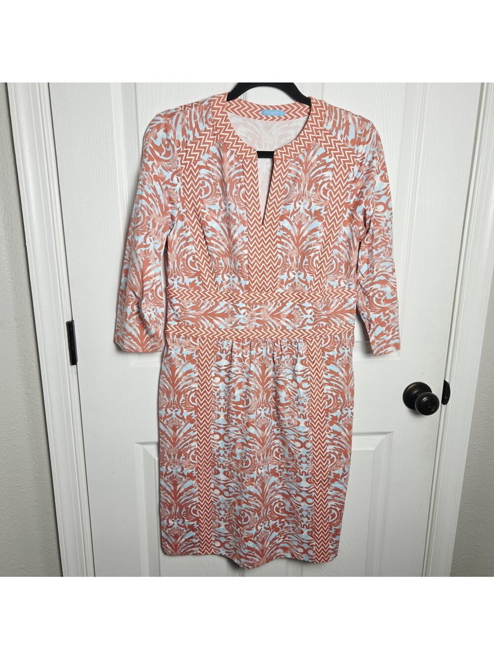 J McLaughlin Dress Medium Blue Coral Damask Floral Sheath Catalina Cloth Stretch